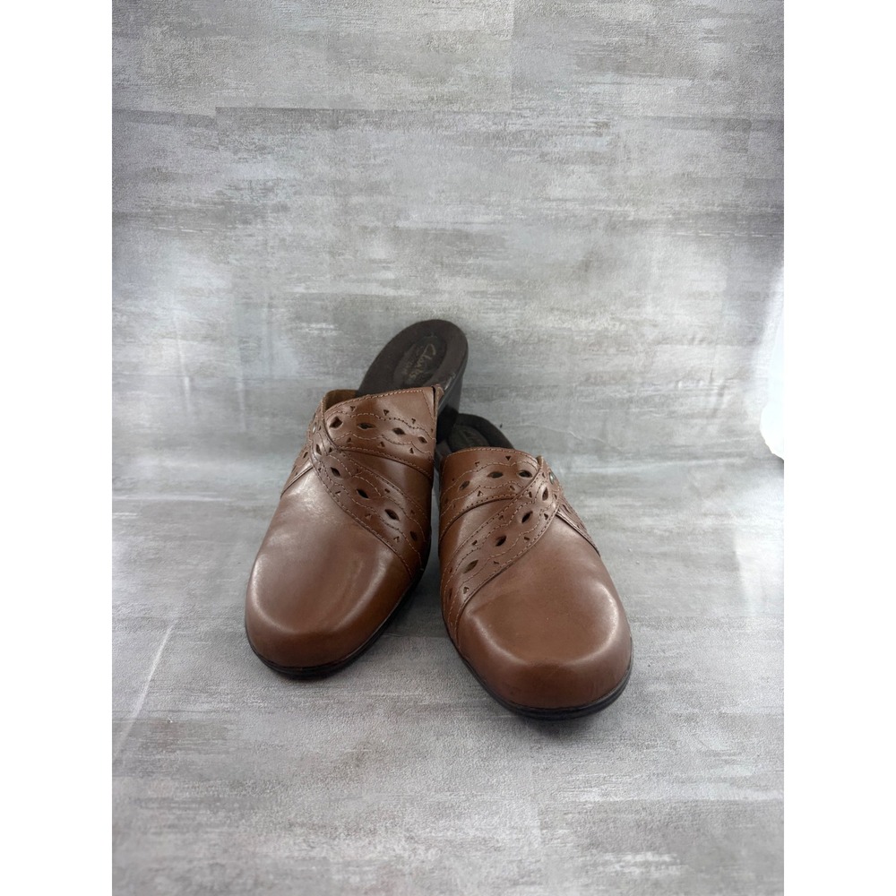 Clarks Bendables 64949 Women Brown Leather Perforated Block Heel Clogs Sz 10W